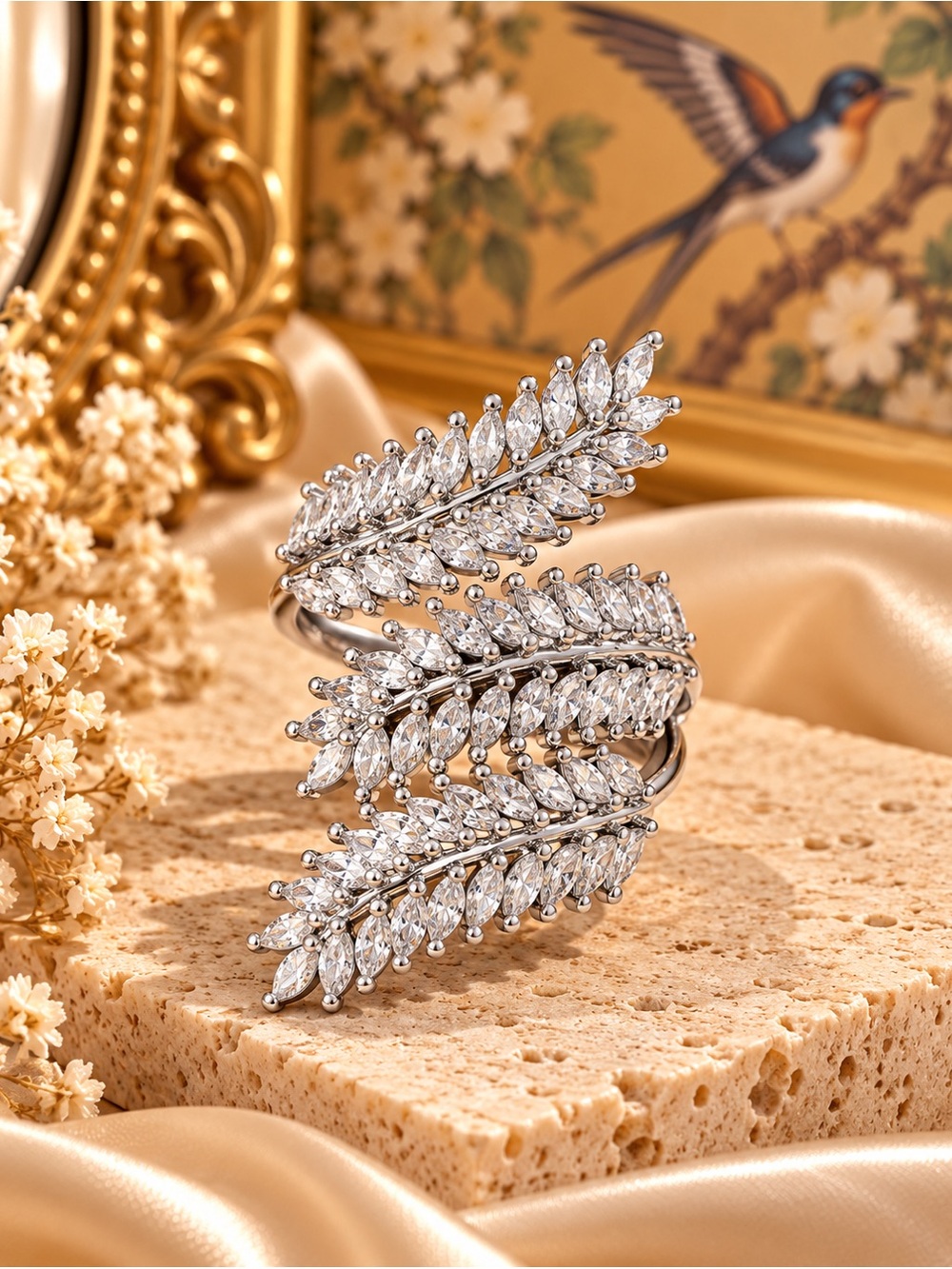 Silver Crystal Leaf Statement Wrap Ring Adjustable Fifi Closet